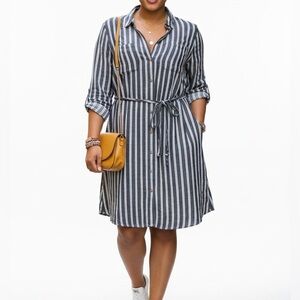 AVA & VIV Chambray Railroad Stripe Long Sleeve Belted Shirt Dress Blue White 3X